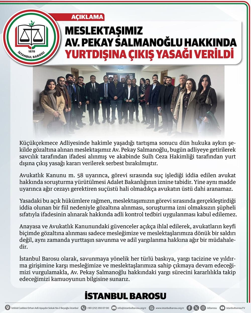 Meslektaşımız Av. Pekay Salmanoğlu Hakkında Yurtdışına Çıkış Yasağı Verildi