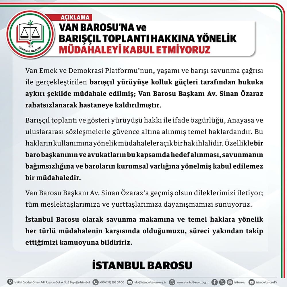 Van Barosu’na ve Barışçıl Toplantı Hakkına Yönelik Müdahaleyi Kabul Etmiyoruz