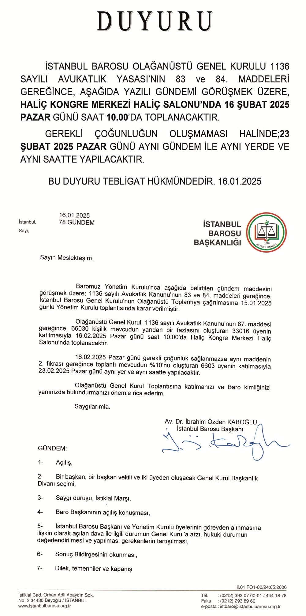 İstanbul Barosu Olağanüstü Genel Kurulu Hakkında Duyuru