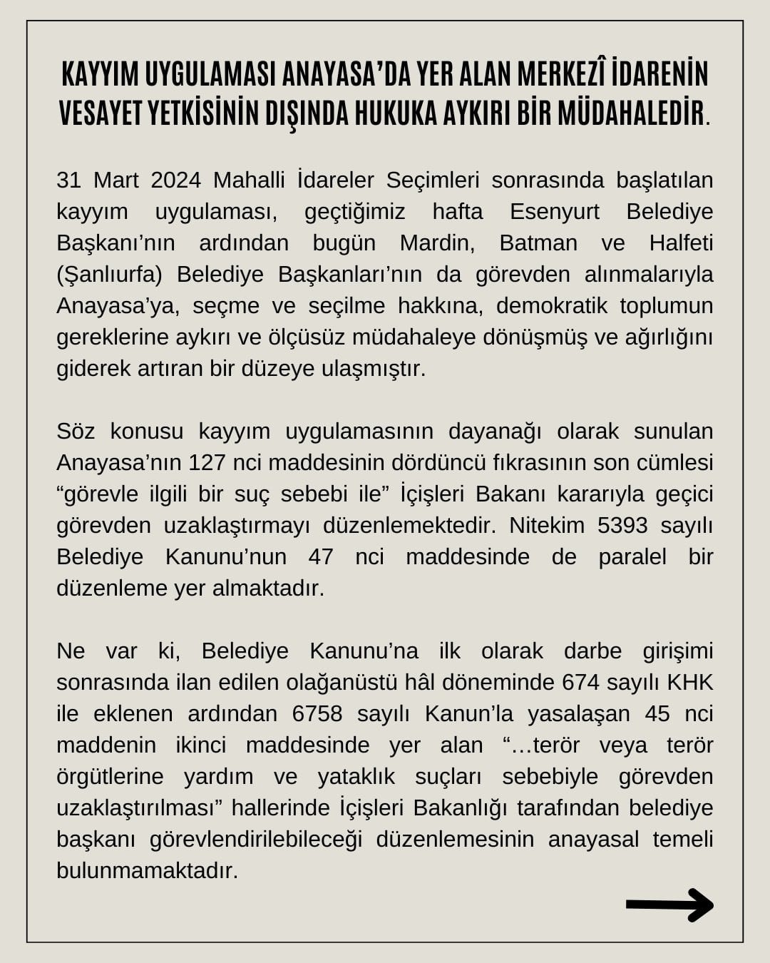 Ortak Açıklama: Kayyım Uygulaması Anayasa’da Yer Alan Merkezî İdarenin Vesayet Yetkisinin Dışında Hukuka Aykırı Bir Müdahaledir - 1