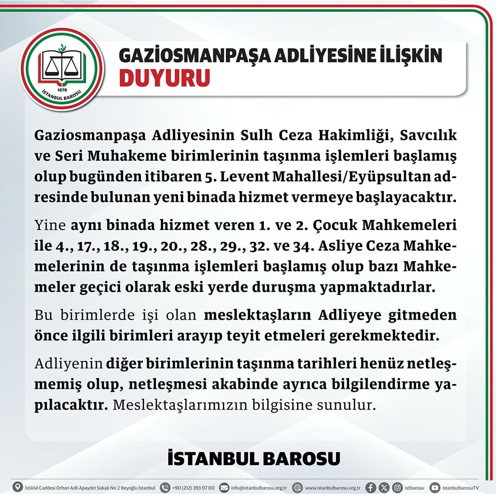 Gaziosmanpaşa Adliyesine İlişkin Duyuru