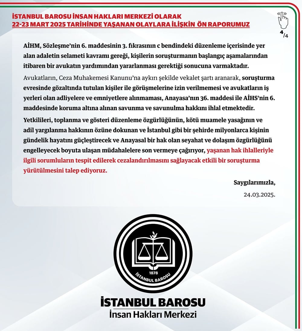 İstanbul Barosu İnsan Hakları Merkezi'nin 22-23 Mart 2025 Tarihinde Yaşanan Olaylara İlişkin Ön Raporu - 3