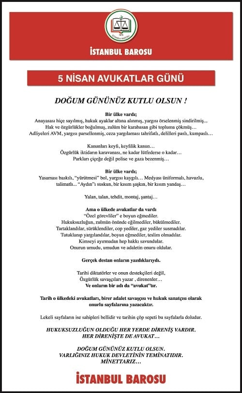 5 Nisan Avukatlar Günü : Doğum Gününüz Kutlu Olsun!...