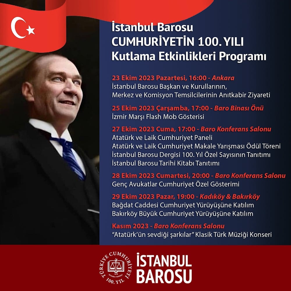 İstanbul Barosu Cumhuriyetin 100. Yılı Kutlama Etkinlikleri Programı