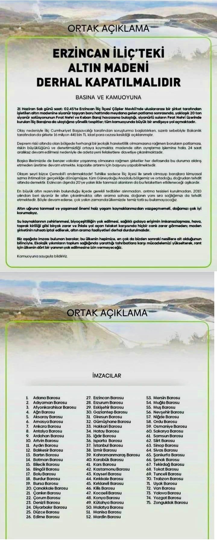 Erzincan İliç'teki Altın Madeni Derhal Kapatılmalıdır