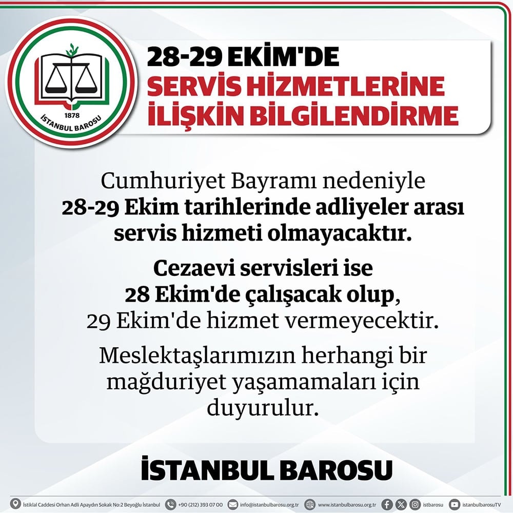28-29 EKİM'DE SERVİS HİZMETLERİNE İLİŞKİN BİLGİLENDİRME