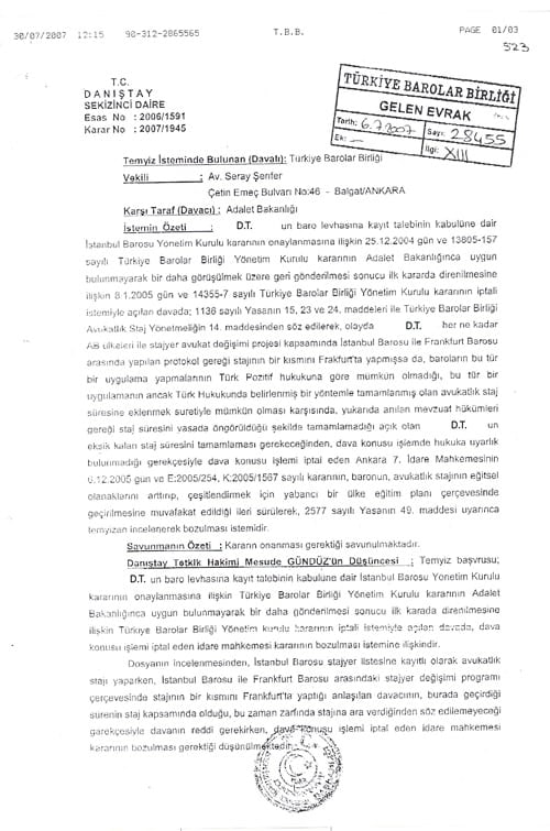 Stajyer Avukatların Yurt Dışındaki Avukatlar Yanında Geçirdikleri Süre De Staj Süresinden Sayılabilecek  - 1