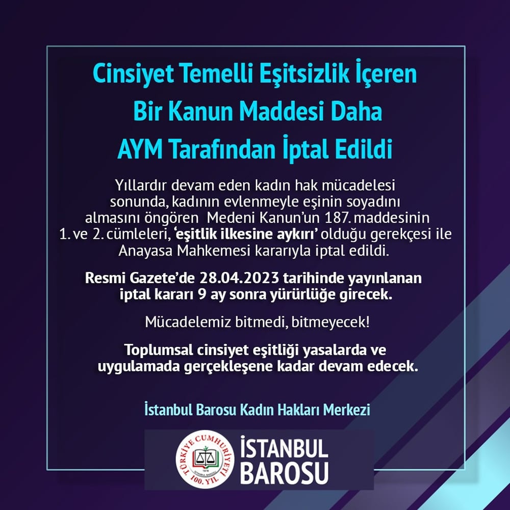 Cinsiyet Temelli Eşitsizlik İçeren Bir Kanun Maddesi Daha AYM  Tarafından  İptal Edildi