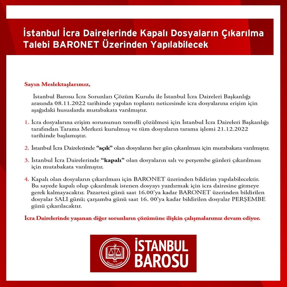 İstanbul İcra Dairelerinde Kapalı Dosyaların Çıkarılma Talebi Artık BARONET üzerinden Yapılabilecek