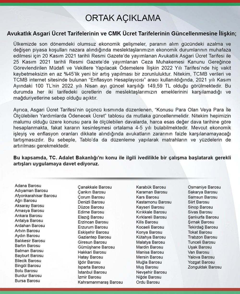 Avukatlık Asgari Ücret Tarifelerinin ve CMK Ücret Tarifelerinin Güncellenmesine İlişkin Ortak Açıklama