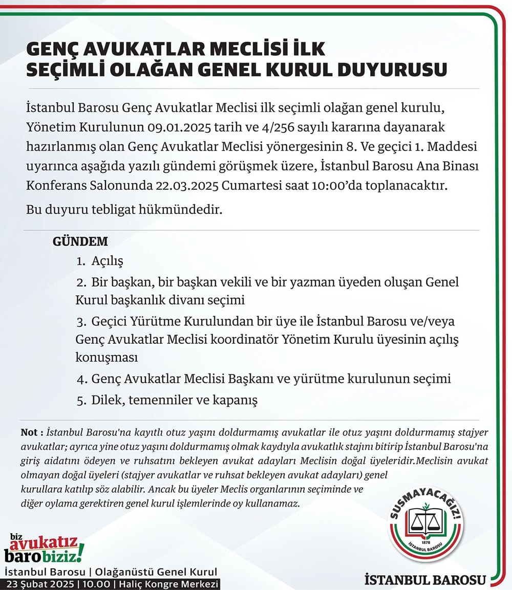 Genç Avukatlar Meclisi İlk Seçimli Olağan Genel Kurul Duyurusu
