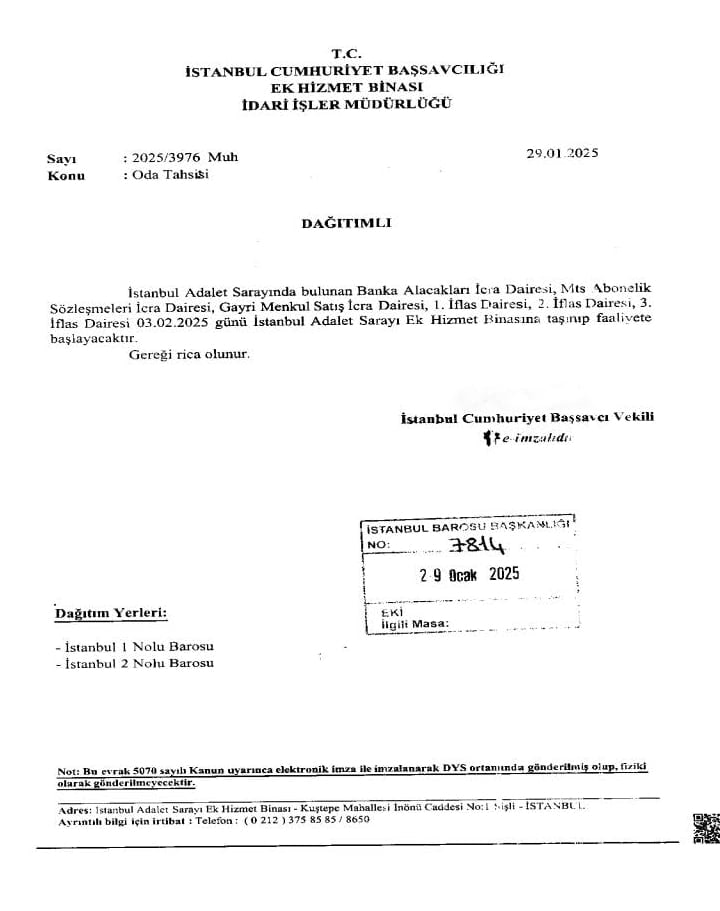 İstanbul Adalet Sarayında bulunan bazı İcra Daireleri Ek Hizmet Binasına Taşınıyor