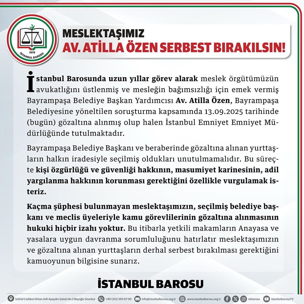 Meslektaşımız Av. Atilla Özen Serbest Bırakılsın!