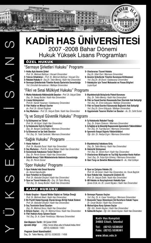 Kadir Has Üniversitesi 2007-2008 Bahar Dönemi Yüksek Lisans Programları