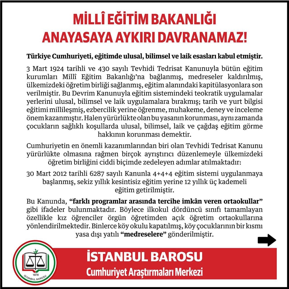 Millî Eğitim Bakanlığı Anayasaya Aykırı Davranamaz!