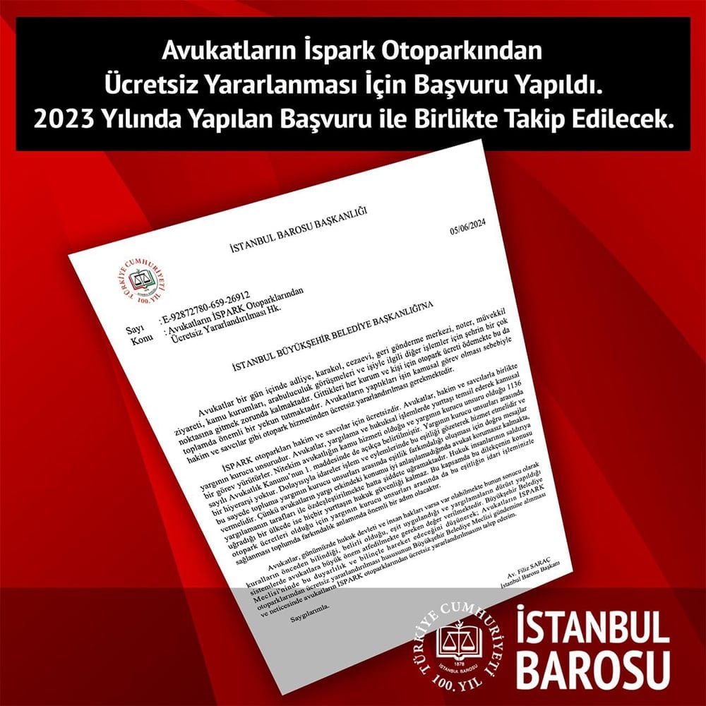 Avukatların İspark Otoparkından Ücretsiz Yararlanması İçin Başvuru Yapıldı