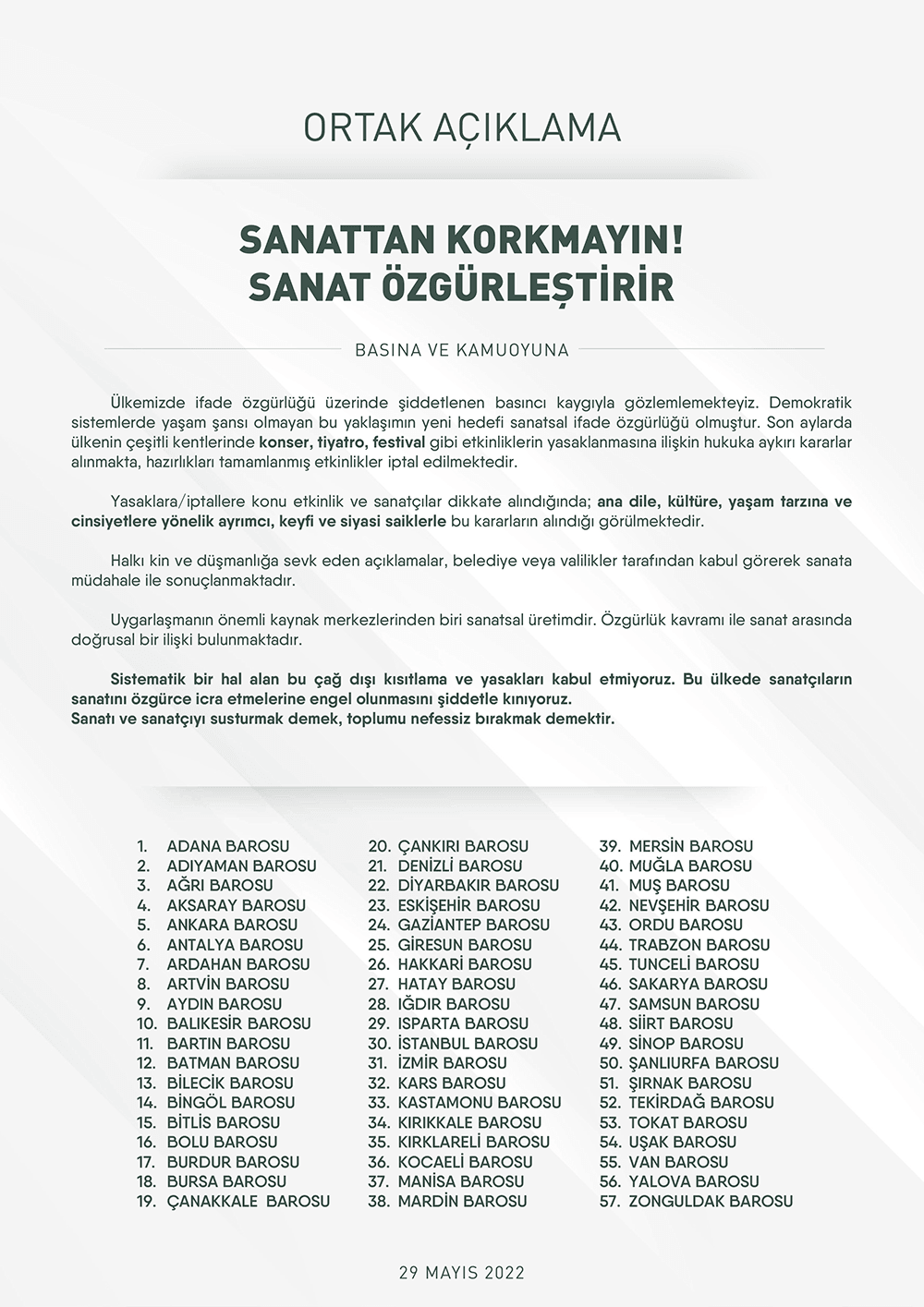 Ortak Açıklama: Sanattan Korkmayın! Sanat Özgürleştirir