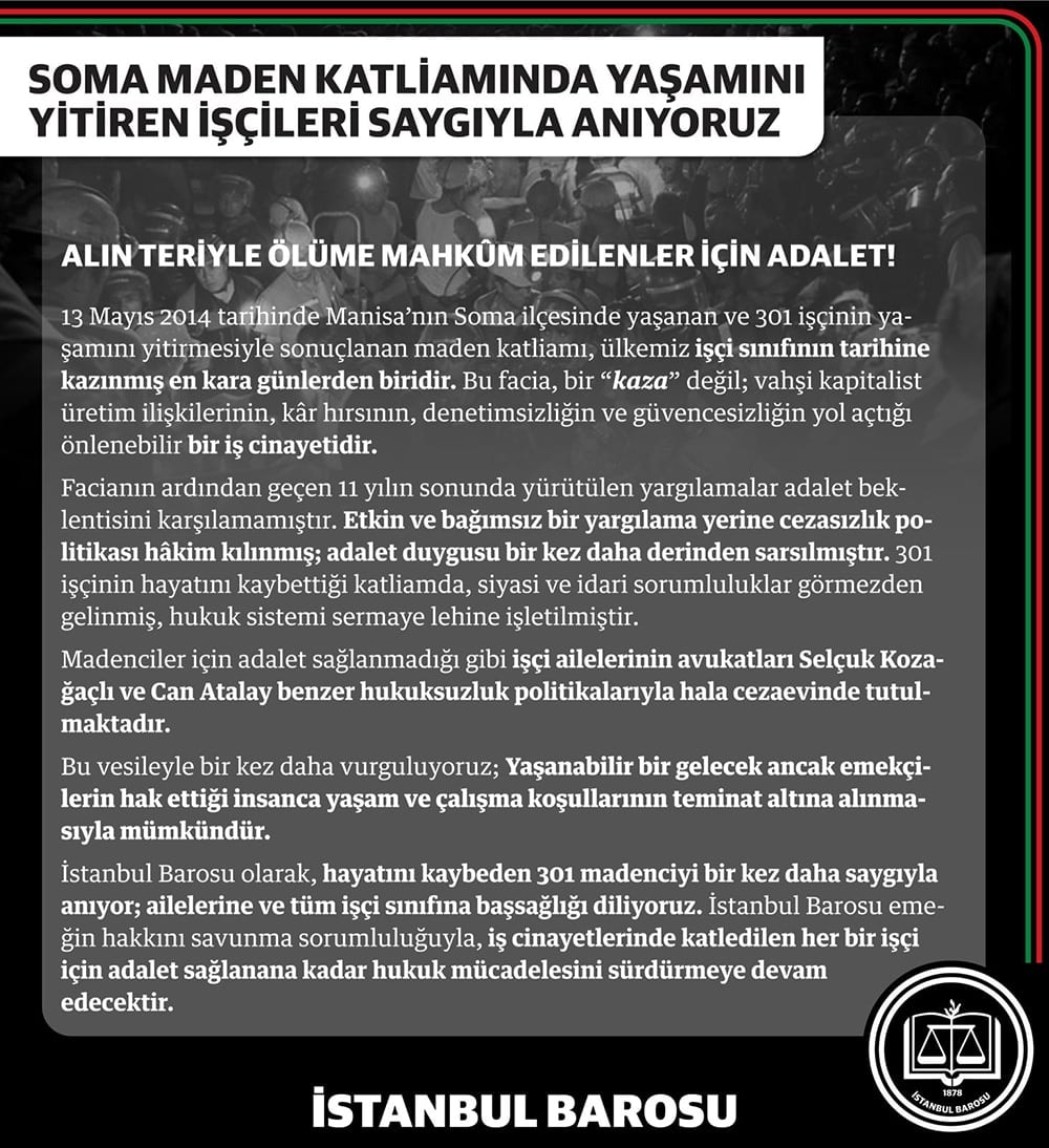Soma Maden Katliamında Yaşamını Yitiren İşçileri Saygıyla Anıyoruz 