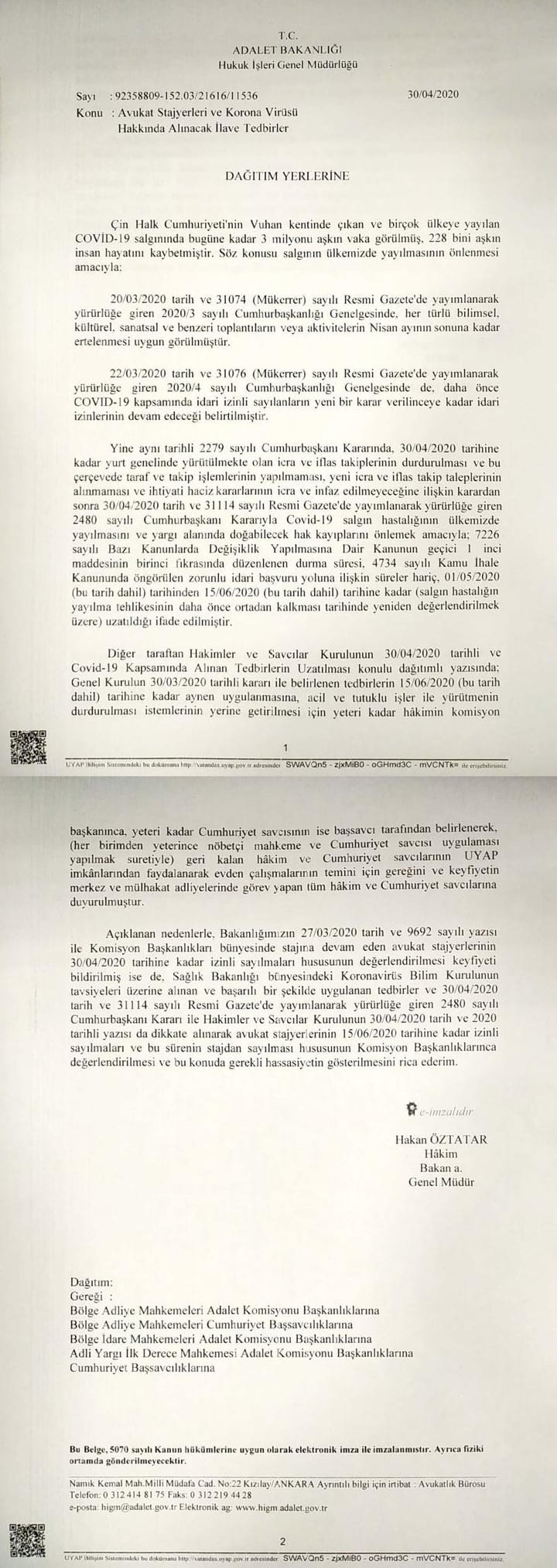Avukat Stajyerleri ve Korona Virüsü Hakkında alınacak İlave Tedbirler