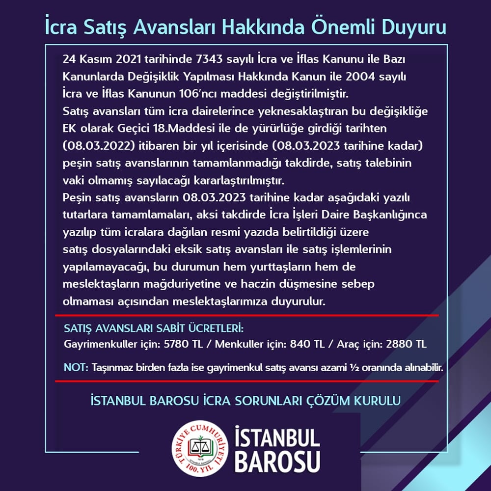 İcra Satış Avansları Hakkında Önemli Duyuru