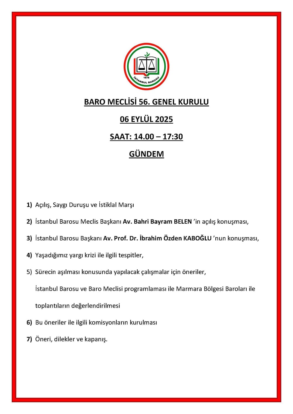 Baro Meclisi’nin 56. Olağan Genel Kurulu 6 Eylül’de Toplanacak