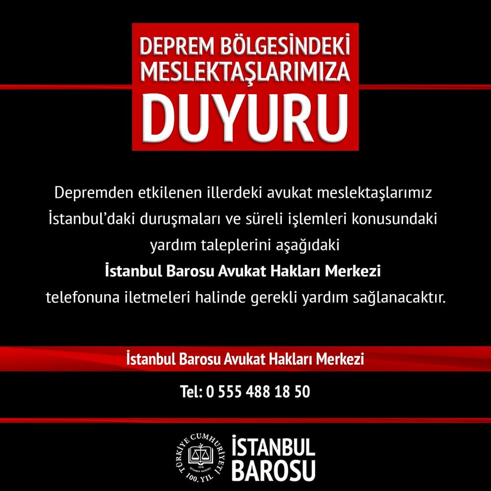 Deprem Bölgesindeki Meslektaşlarımıza Duyuru
