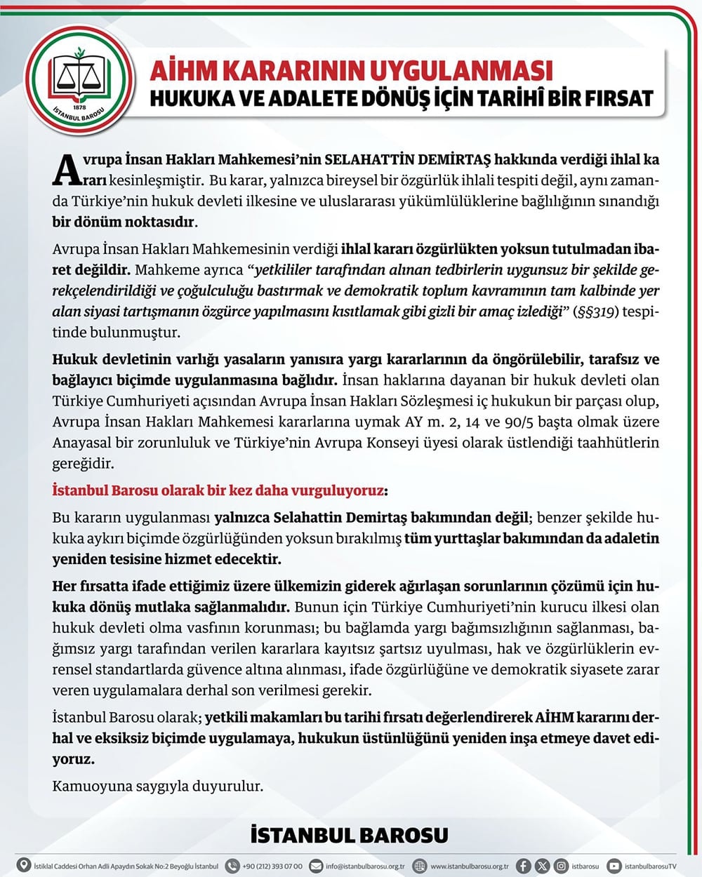 AİHM Kararının Uygulanması: Hukuka ve Adalete Dönüş İçin Tarihî Bir Fırsat
