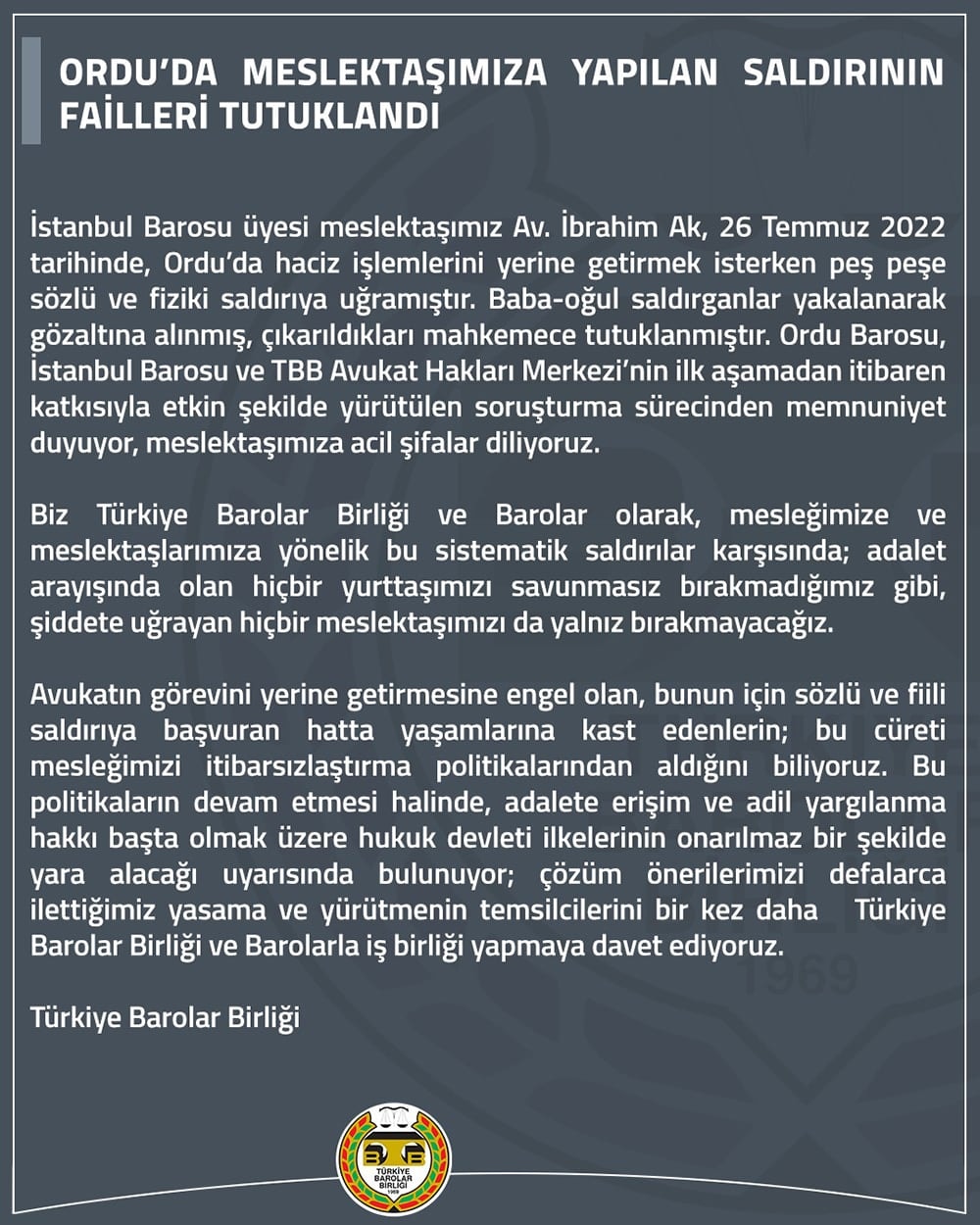 Ordu'da Meslektaşımıza Yapılan Saldırının Failleri Tutuklandı