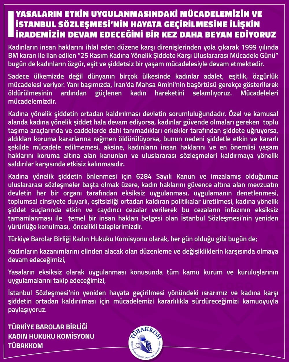 Yasaların Etkin Uygulanmasındaki Mücadelemizin ve İstanbul Sözleşmesi’nin Hayata Geçirilmesine İlişkin İrademizin Devam Edeceğini Bir Kez Daha Beyan Ediyoruz