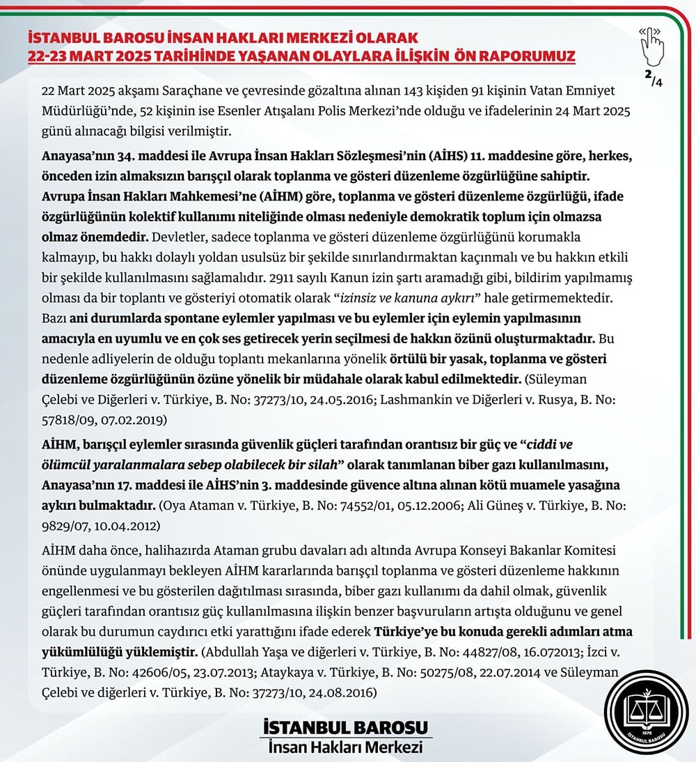 İstanbul Barosu İnsan Hakları Merkezi'nin 22-23 Mart 2025 Tarihinde Yaşanan Olaylara İlişkin Ön Raporu - 1