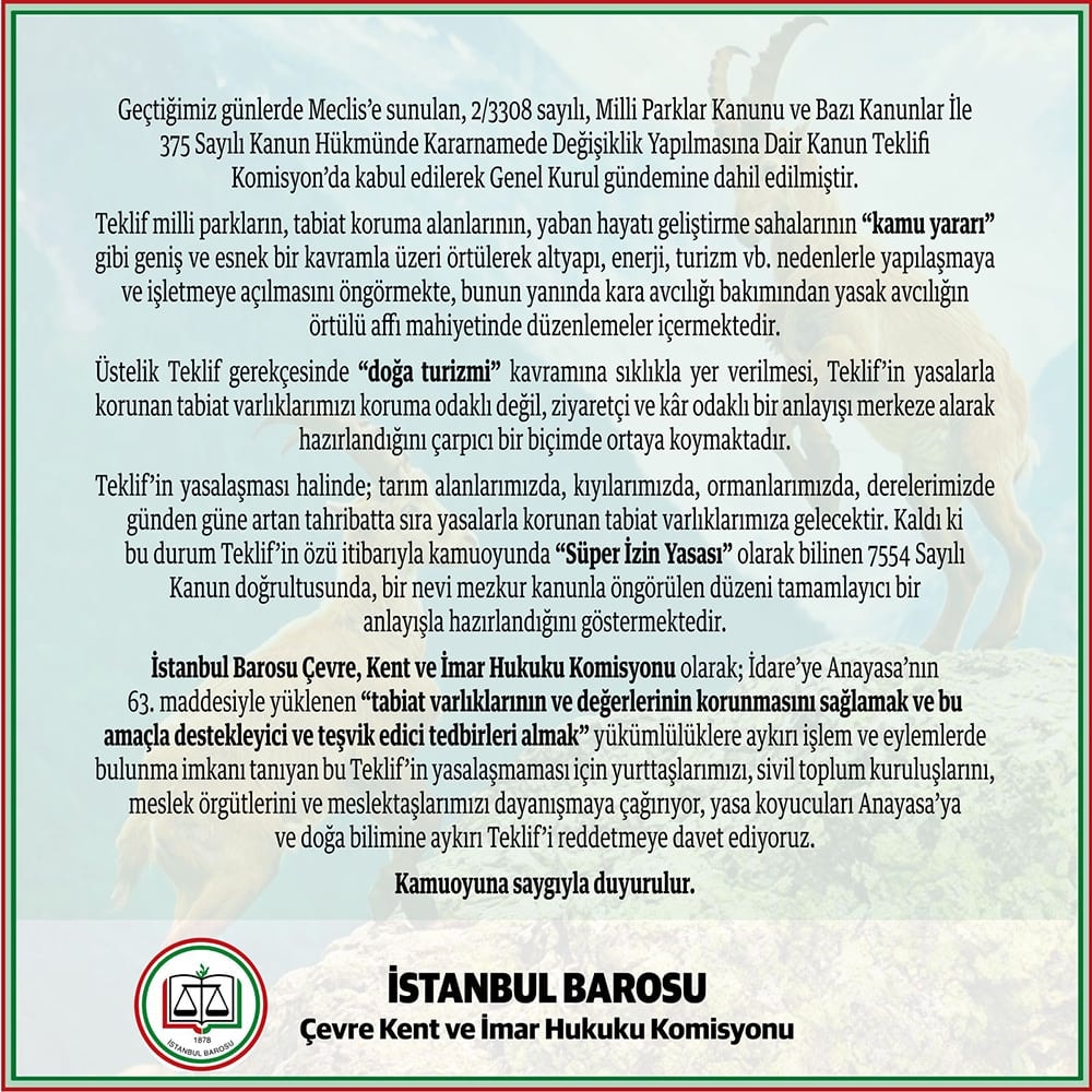 Milli Parklar Kanunu ve Bazı Kanunlar İle 375 Sayılı Kanun Hükmünde Kararnamede Değişiklik Yapılmasına Dair 10.10.2025 Tarih 2/3308 Sayılı Kanun Teklifine İlişkin İnceleme - 2