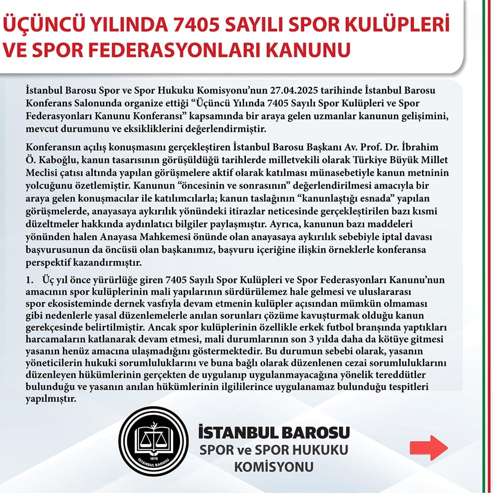 Üçüncü Yılında 7405 Sayılı Spor Kulüpleri Ve Spor Federasyonları Kanunu Konferansı Sonuç Raporu - 1