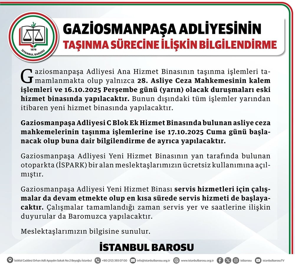 Gaziosmanpaşa Adliyesinin Taşınma Sürecine İlişkin Bilgilendirme