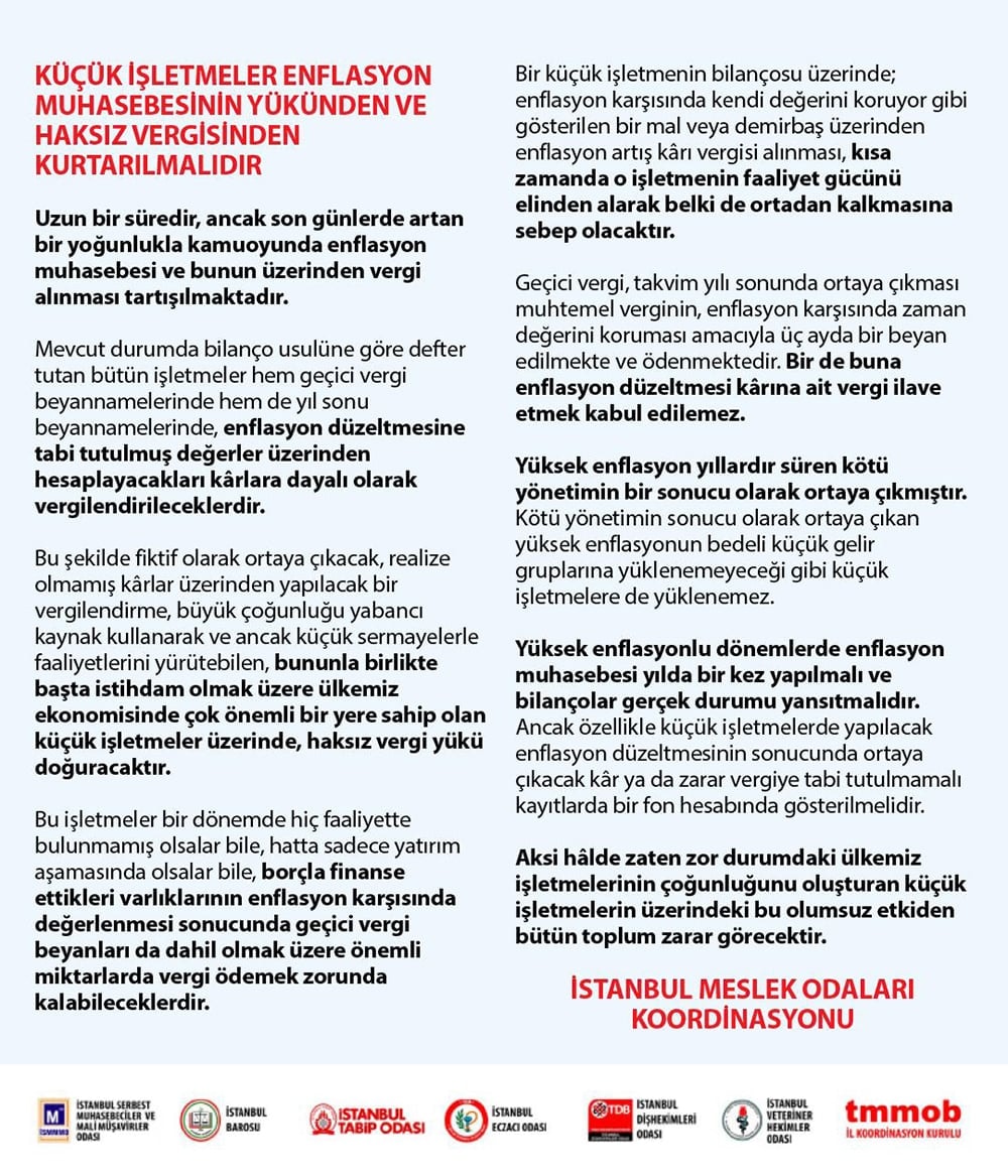 Küçük İşletmeler Enflasyon Muhasebesinin Yükünden ve Haksız Vergisinden Kurtarılmalıdır