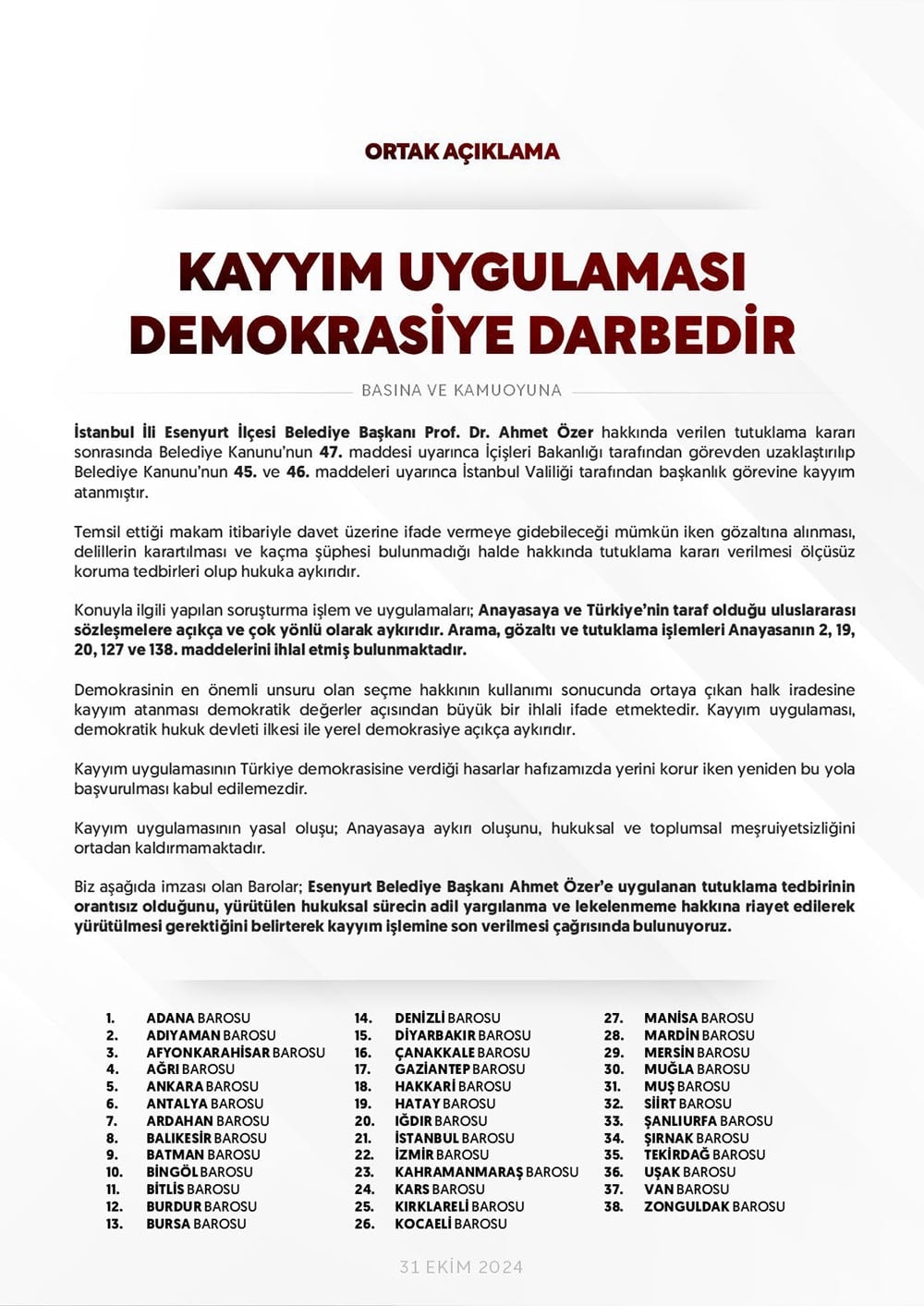 Ortak Açıklama: Kayyım Uygulaması Demokrasiye Darbedir