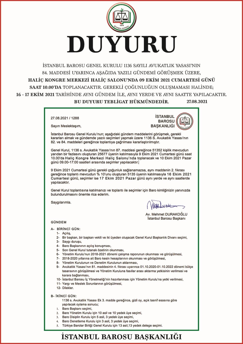 İstanbul Barosu Genel Kurulu Hakkında Duyuru