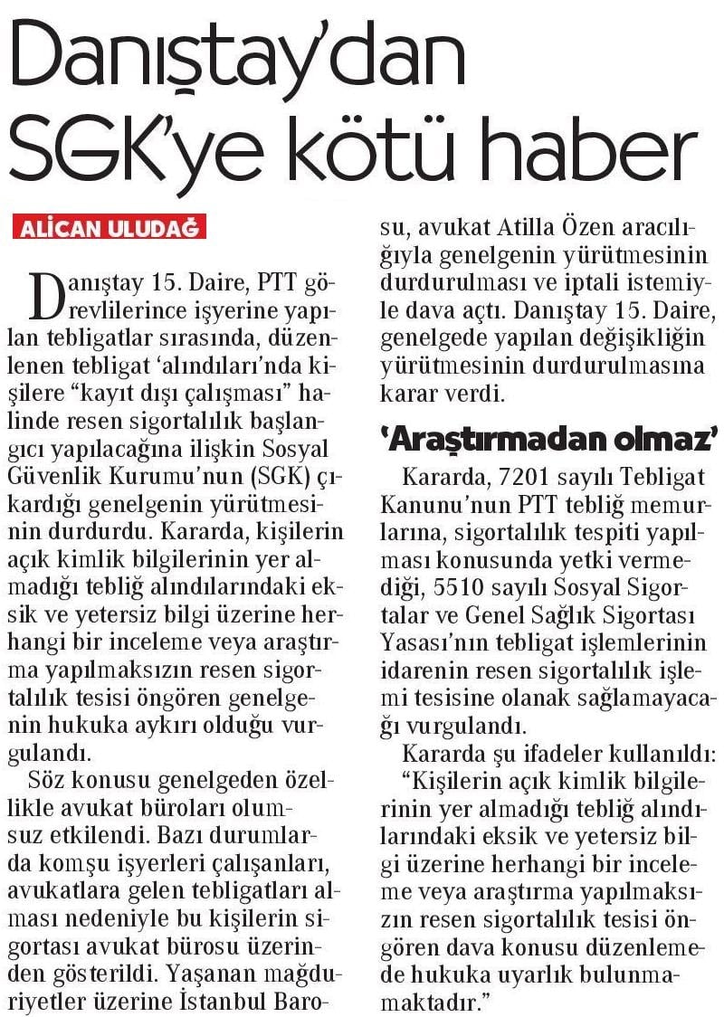 İşyerinde Çalışanlara Yapılan Tebligat Üzerine Res’en Sigortalılık Tesis Edilemez - 1