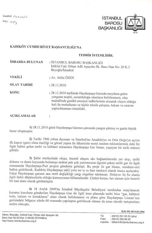 İstanbul Barosu Haydarpaşa Garı Yangını İçin Kadıköy Cumhuriyet Başsavcılığına İhbarda Bulundu

 - 1