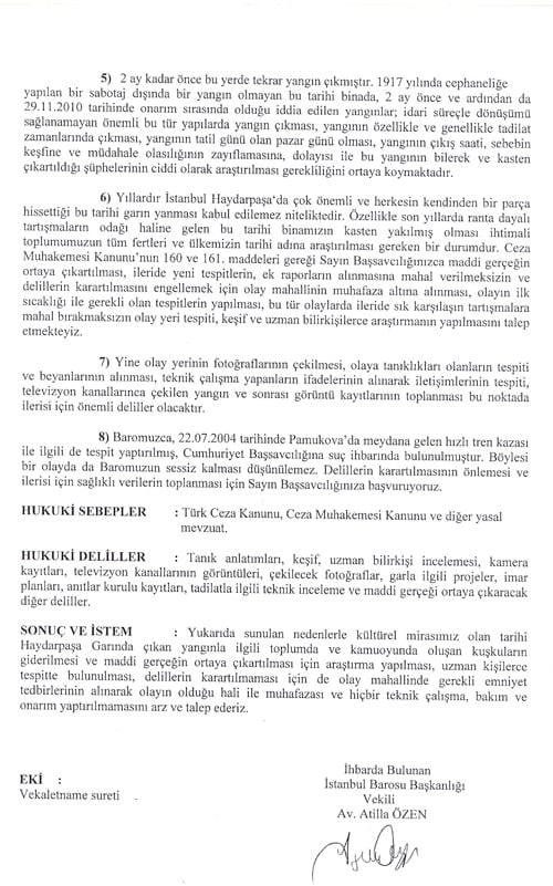 İstanbul Barosu Haydarpaşa Garı Yangını İçin Kadıköy Cumhuriyet Başsavcılığına İhbarda Bulundu

 - 2