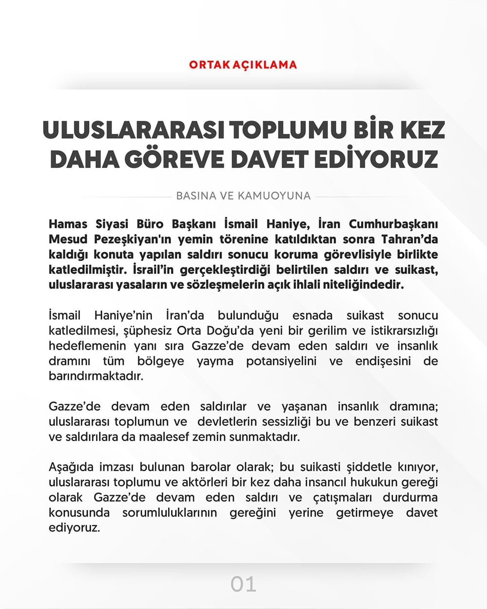 Ortak Açıklama: Uluslararası Toplumu Bir Kez Daha Göreve Davet Ediyoruz - 1