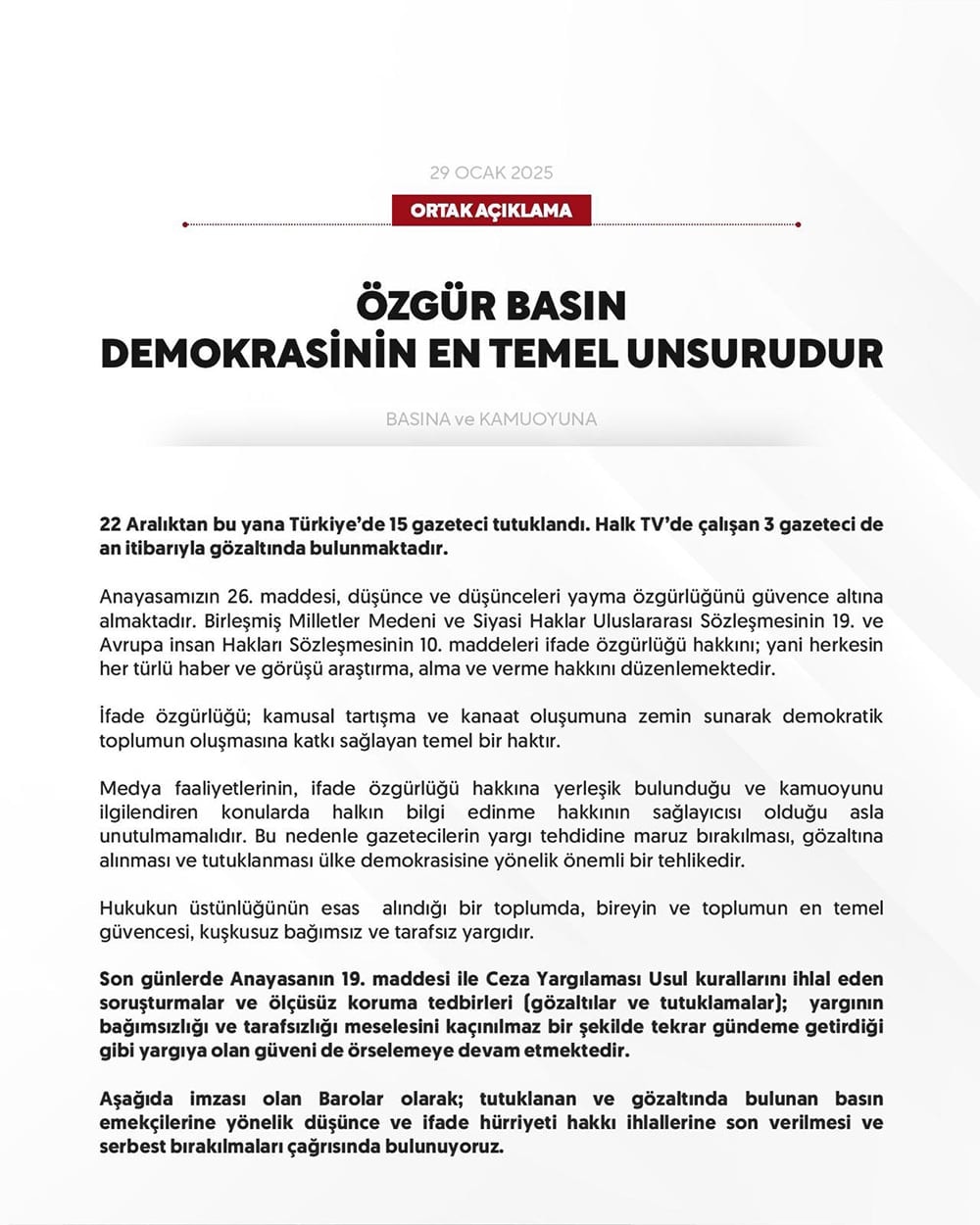 Ortak Açıklama: Özgür Basın Demokrasinin En Temel Unsurudur