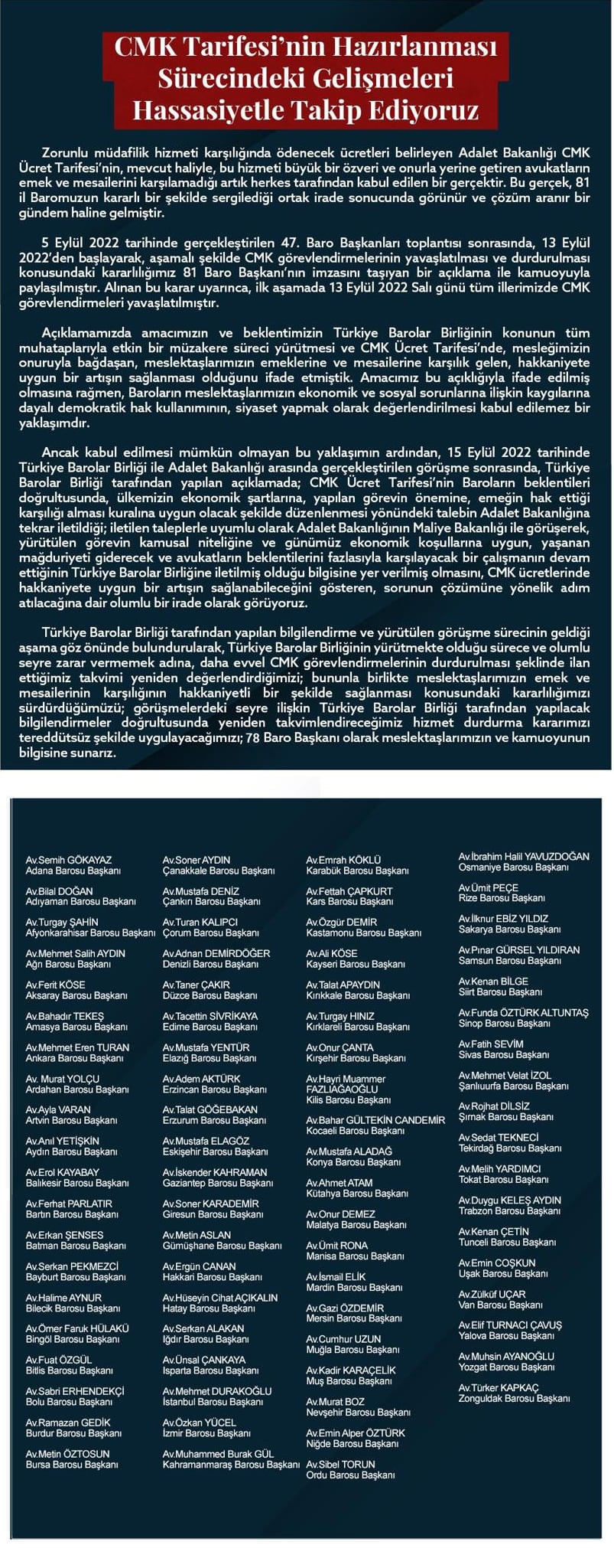 CMK Tarifesi'nin Hazırlanması Sürecindeki Gelişmeleri Hassasiyetle Takip Ediyoruz