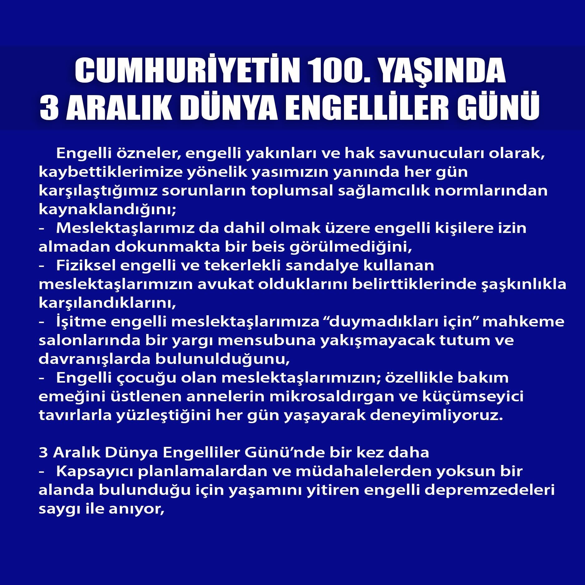 Cumhuriyetin 100. Yaşında 3 Aralık Dünya Engelliler Günü - 2