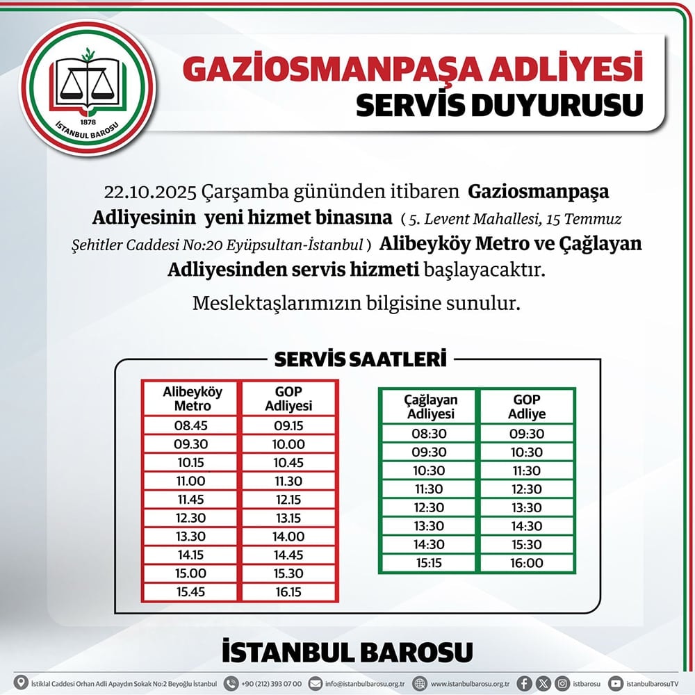 Gaziosmanpaşa Adliyesi-Alibeyköy Metro, Gaziosmanpaşa Adliyesi-Çağlayan Adliyesi Servis Duyurusu