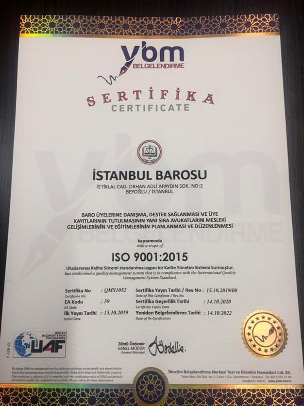 İstanbul Barosu ISO 9001- 2015 Kalite Yönetim Sistemi Sertifika 2020 Ara Tetkiki - 2