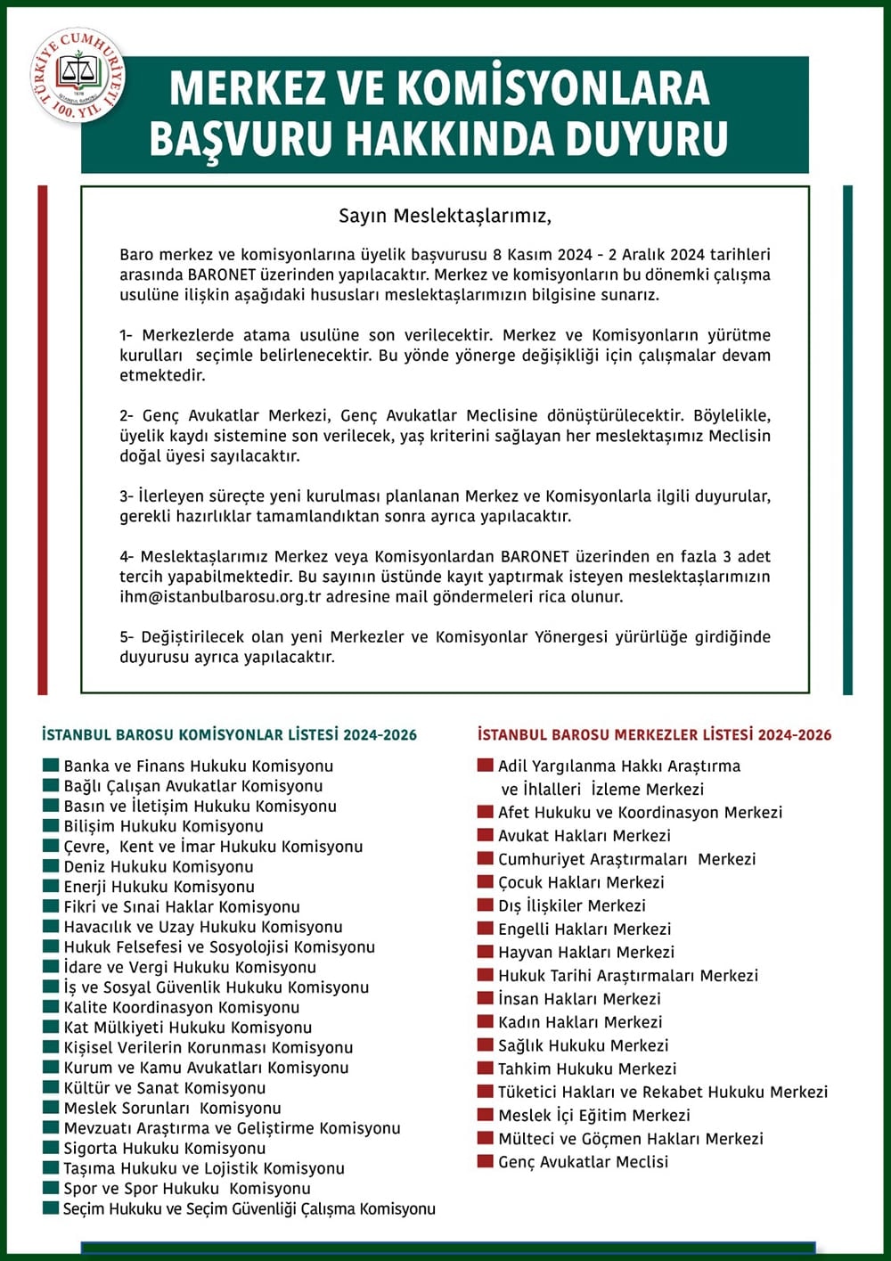 Merkez ve Komisyonlara Başvuru Hakkında Duyuru