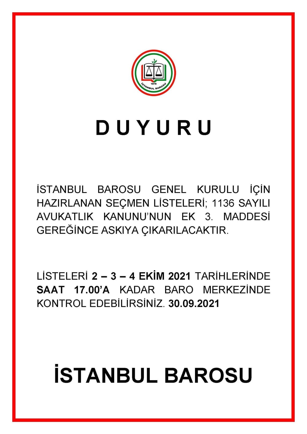 İstanbul Barosu Genel Kurulu Seçmen Listeleri Askı'ya Çıkıyor