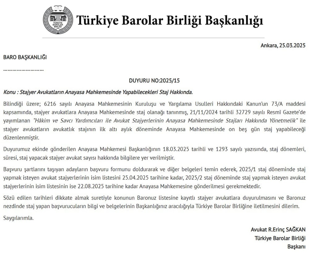 Stajyer Avukatların Anayasa Mahkemesinde Yapabilecekleri Staj Hakkında