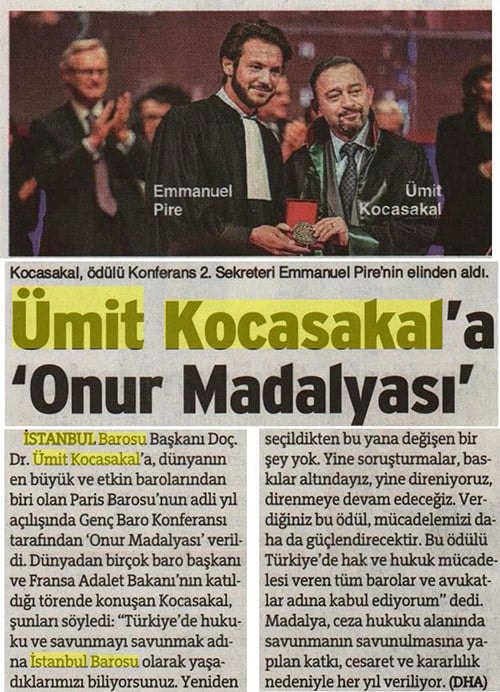 İstanbul Barosu’Na Ve Başkanı Ümit Kocasakal’A Paris Barosu'ndan Madalya 

 - 1