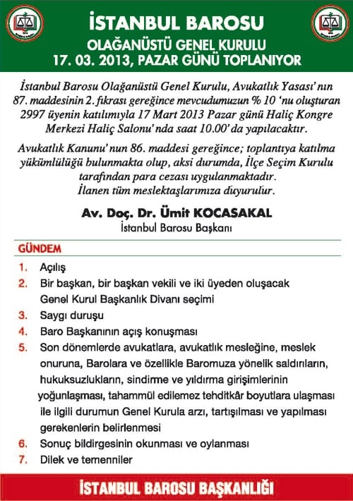 İstanbul Barosu Olağanüstü Genel Kurulu 17 Mart 2013 Pazar Günü Toplanıyor
